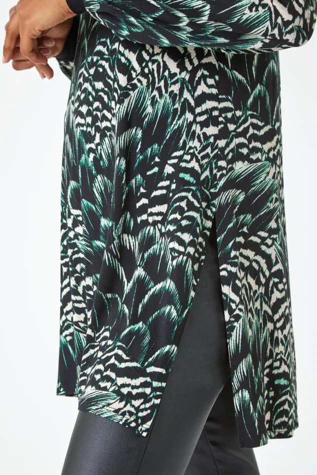 Women Black Abstract Stretch Jersey VNeck Tunic Top Roman Tops