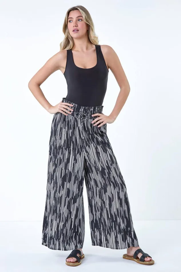 Women Black Abstract Stretch Shirrred Wide Leg Trousers Roman Trousers