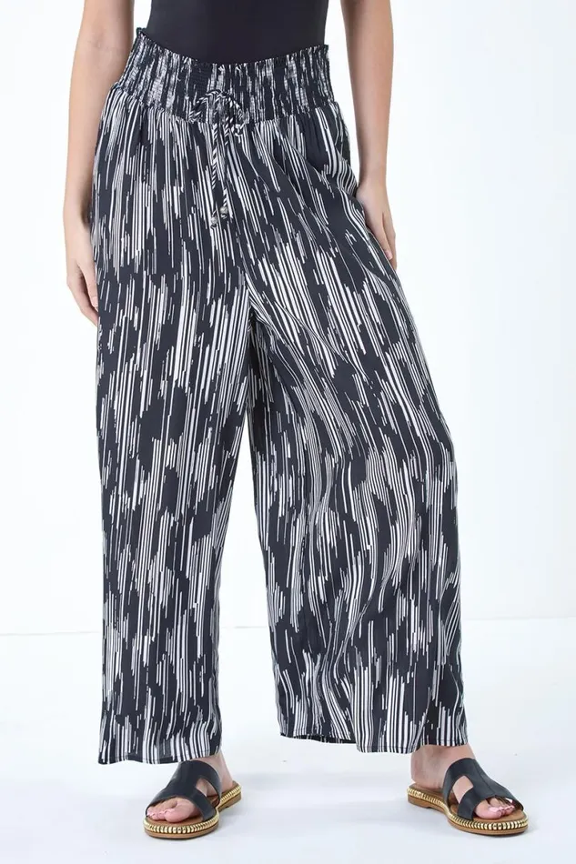 Women Black Abstract Stretch Shirrred Wide Leg Trousers Roman Trousers