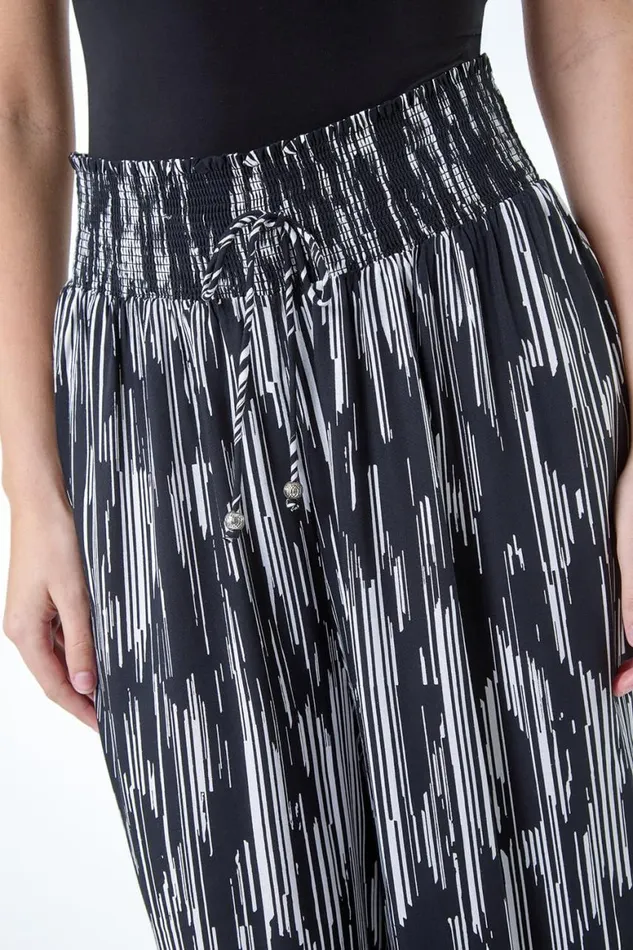 Women Black Abstract Stretch Shirrred Wide Leg Trousers Roman Trousers