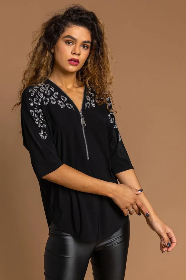 Women Black Animal Hotfix Embellished Zip Top Roman Tops