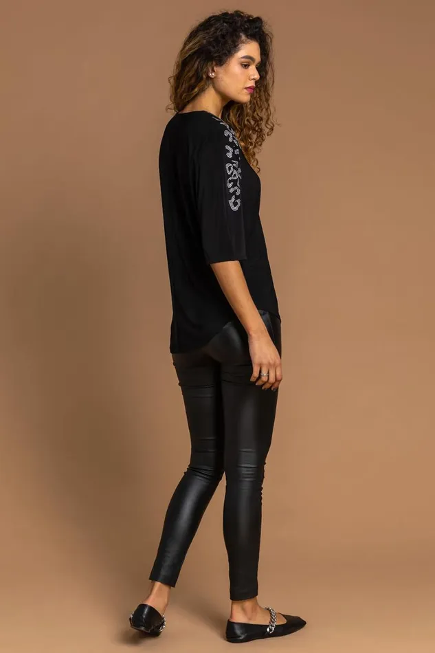Women Black Animal Hotfix Embellished Zip Top Roman Tops