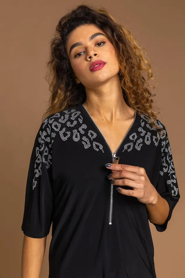 Women Black Animal Hotfix Embellished Zip Top Roman Tops