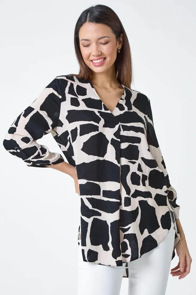 Women Black Animal Print Pleat Front VNeck Top Roman Tops