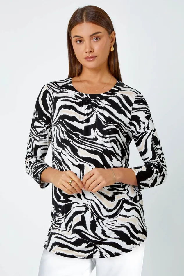 Women Black Animal Print Pleated Stretch Top Roman Tops