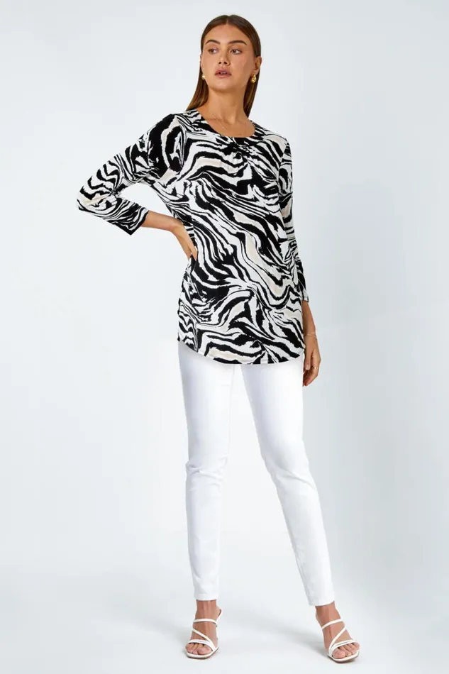 Women Black Animal Print Pleated Stretch Top Roman Tops