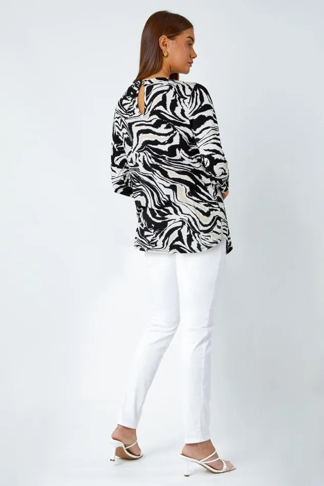 Women Black Animal Print Pleated Stretch Top Roman Tops