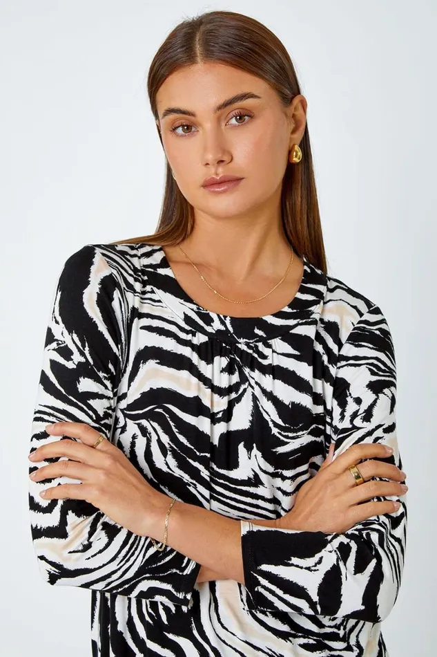 Women Black Animal Print Pleated Stretch Top Roman Tops
