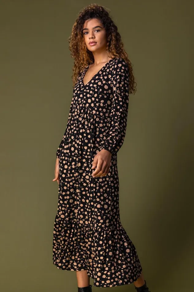 Women Black Animal Spot Print Midi Dress Roman Dresses