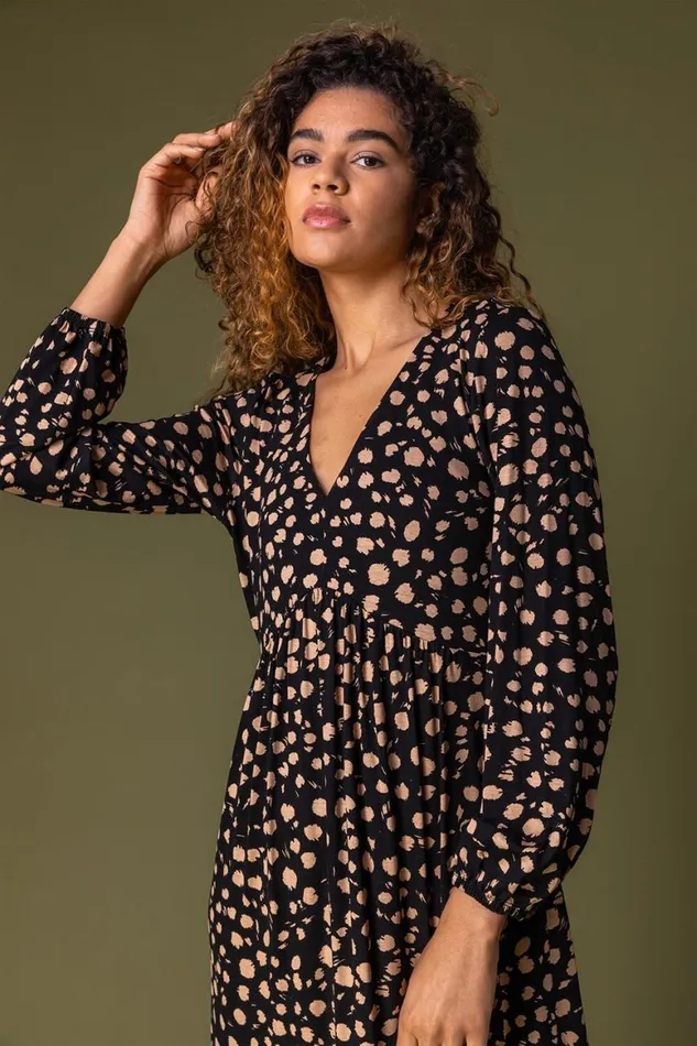 Women Black Animal Spot Print Midi Dress Roman Dresses