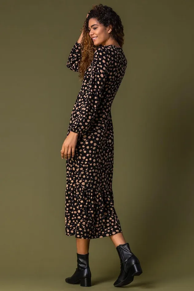 Women Black Animal Spot Print Midi Dress Roman Dresses