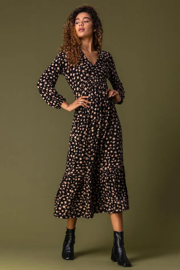 Women Black Animal Spot Print Midi Dress Roman Dresses