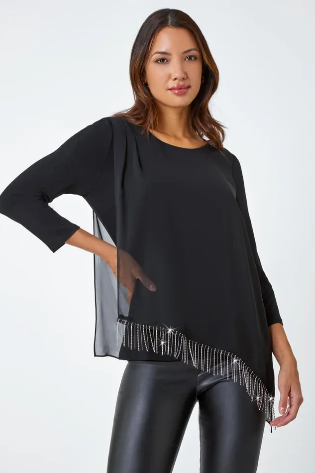 Women Black Asymmetric Hotfix Detail Overlay Tunic Top Roman Tops