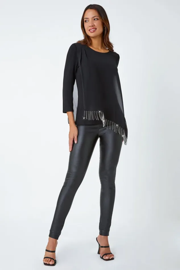 Women Black Asymmetric Hotfix Detail Overlay Tunic Top Roman Tops