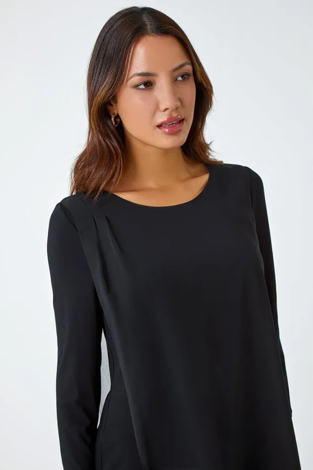 Women Black Asymmetric Hotfix Detail Overlay Tunic Top Roman Tops