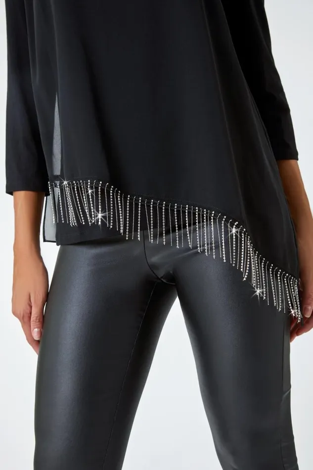 Women Black Asymmetric Hotfix Detail Overlay Tunic Top Roman Tops