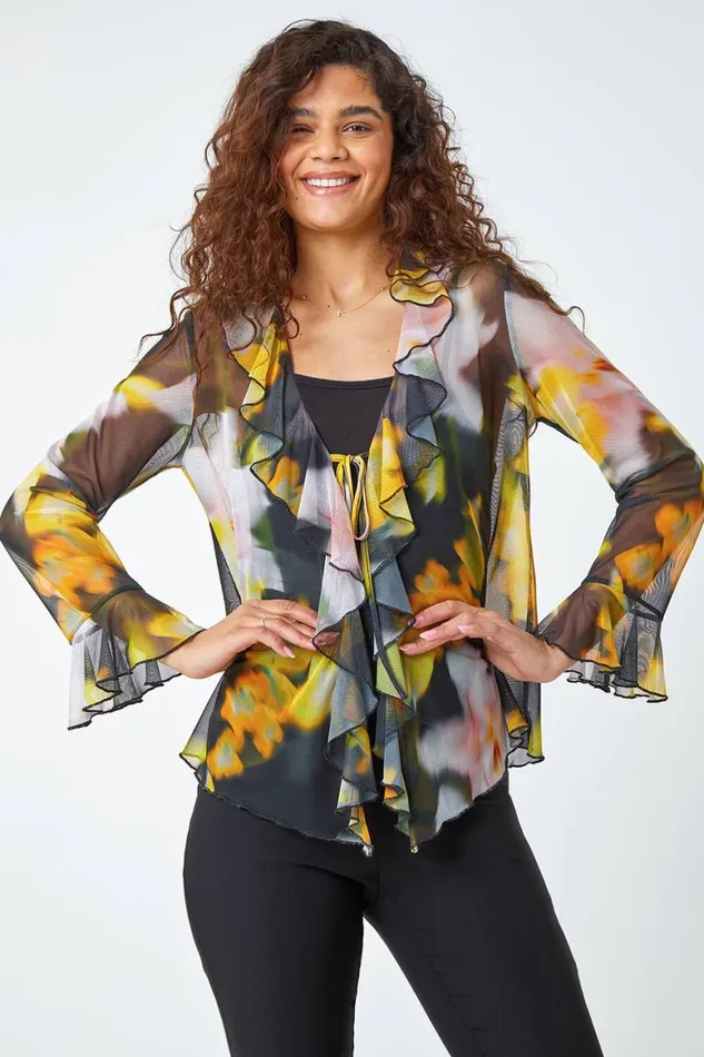 Women Black Blurred Floral VNeck Stretch Mesh Top Roman Tops