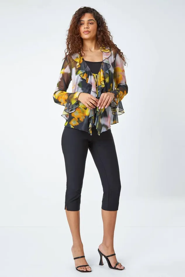 Women Black Blurred Floral VNeck Stretch Mesh Top Roman Tops