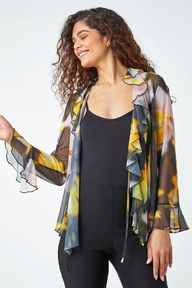 Women Black Blurred Floral VNeck Stretch Mesh Top Roman Tops