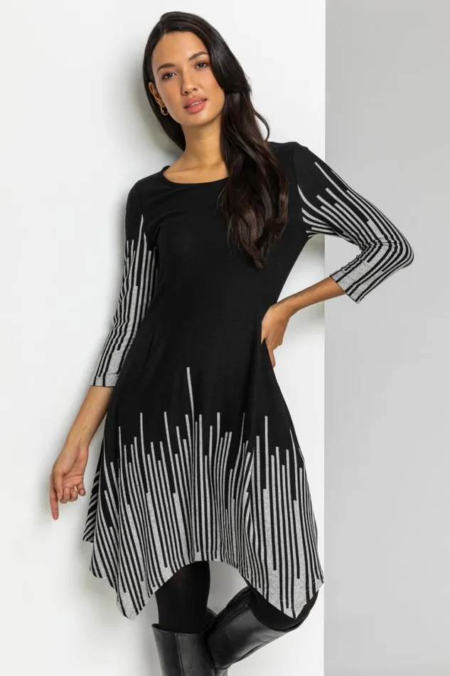 Women Black Border Stripe Hanky Hem Asymmetric Swing Dress Roman Dresses