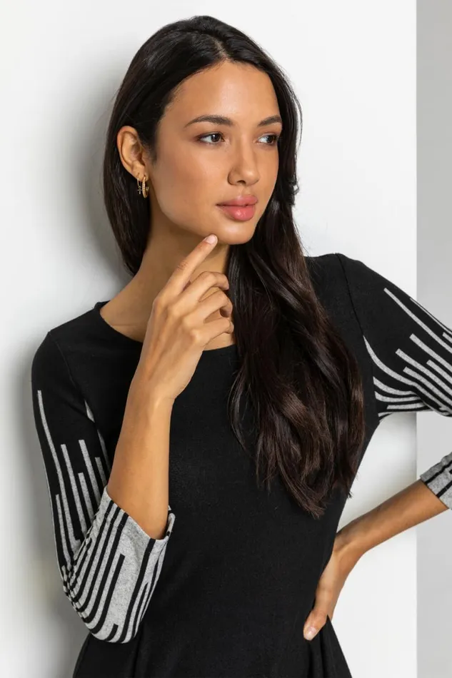 Women Black Border Stripe Hanky Hem Asymmetric Swing Dress Roman Dresses