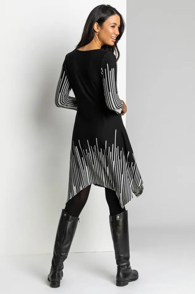 Women Black Border Stripe Hanky Hem Asymmetric Swing Dress Roman Dresses