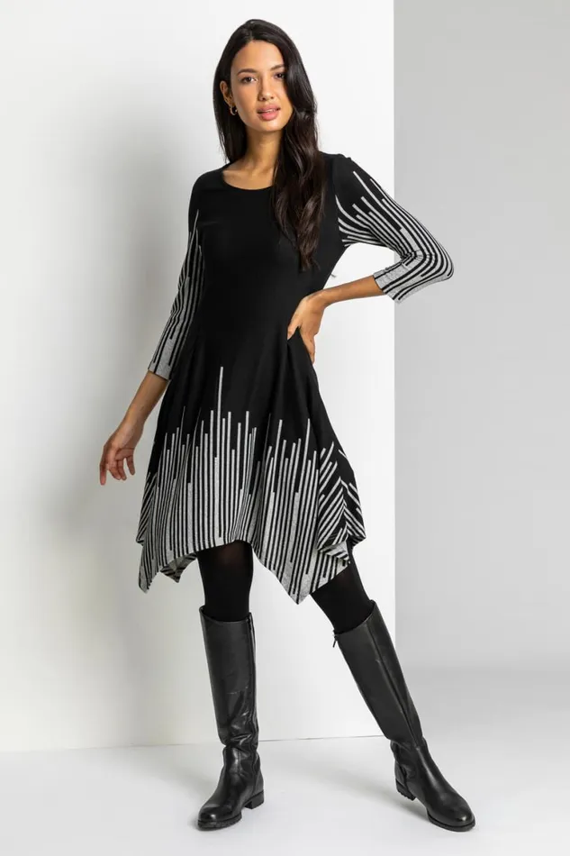 Women Black Border Stripe Hanky Hem Asymmetric Swing Dress Roman Dresses