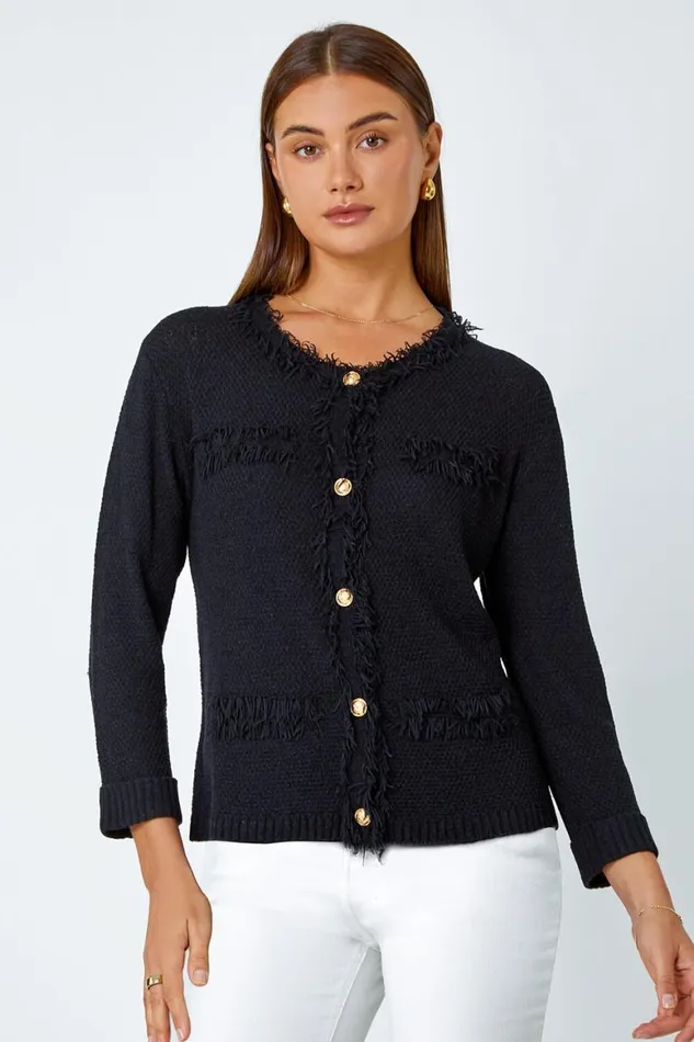 Women Black Button Detail Fringe Knit Jacket Roman Jackets