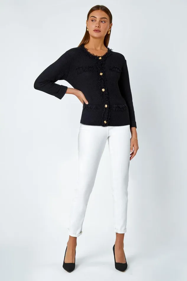 Women Black Button Detail Fringe Knit Jacket Roman Jackets