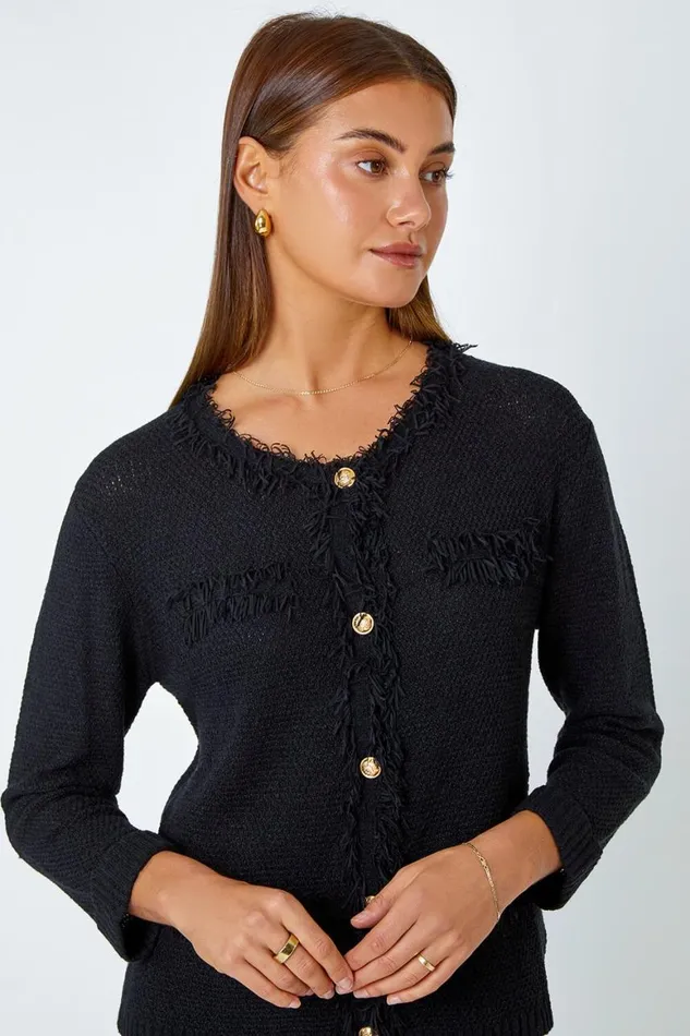 Women Black Button Detail Fringe Knit Jacket Roman Jackets