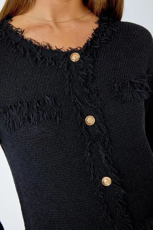 Women Black Button Detail Fringe Knit Jacket Roman Jackets