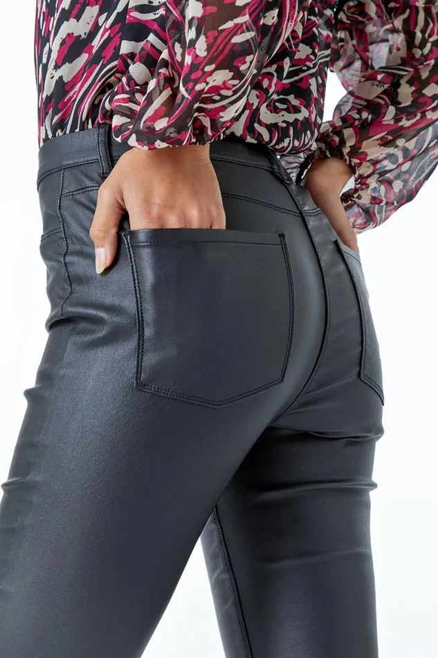 Women Black Coated Faux Leather Jeggings Roman Trousers