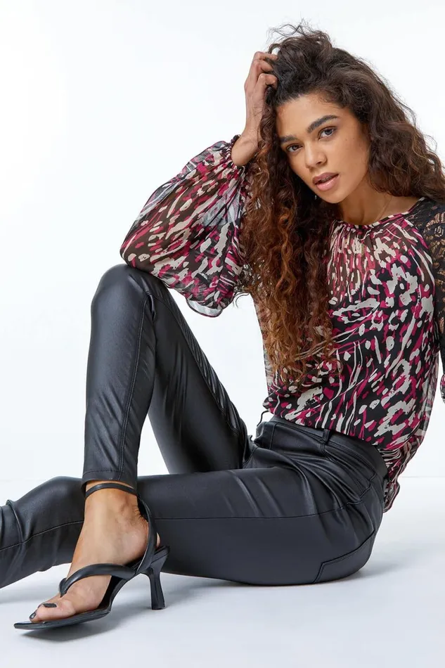 Women Black Coated Faux Leather Jeggings Roman Trousers
