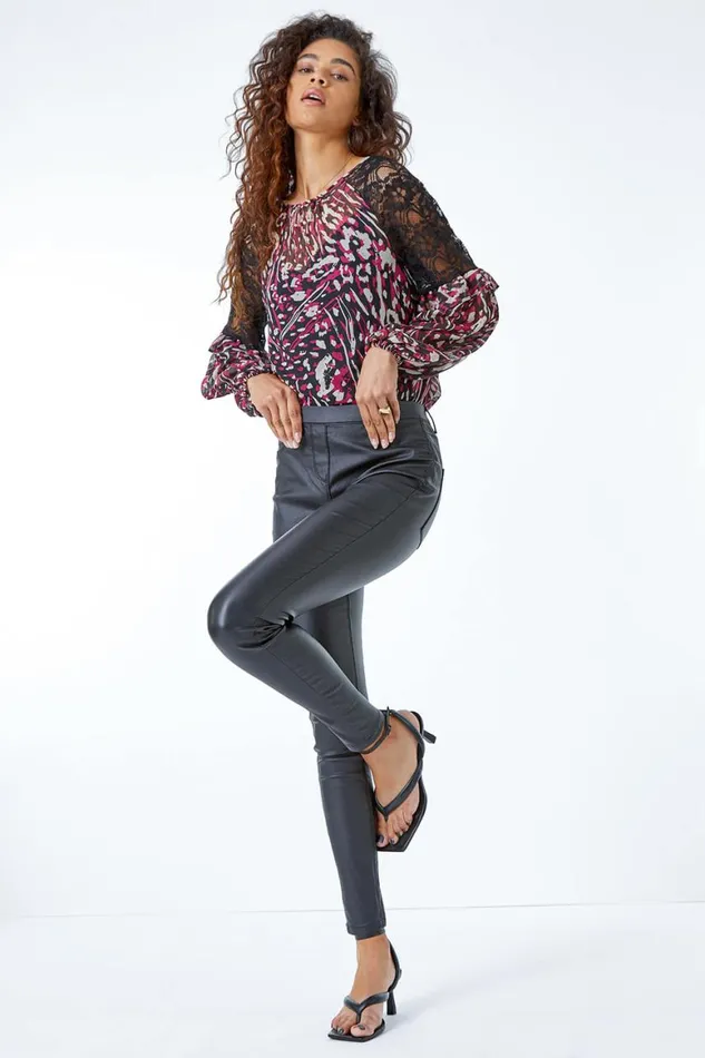 Women Black Coated Faux Leather Jeggings Roman Trousers