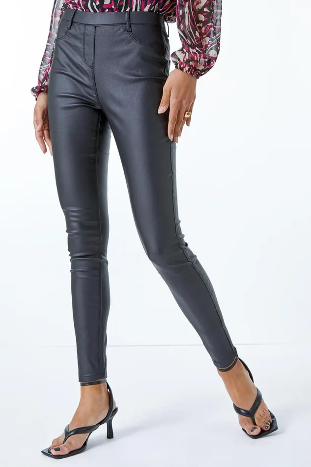 Women Black Coated Faux Leather Jeggings Roman Trousers