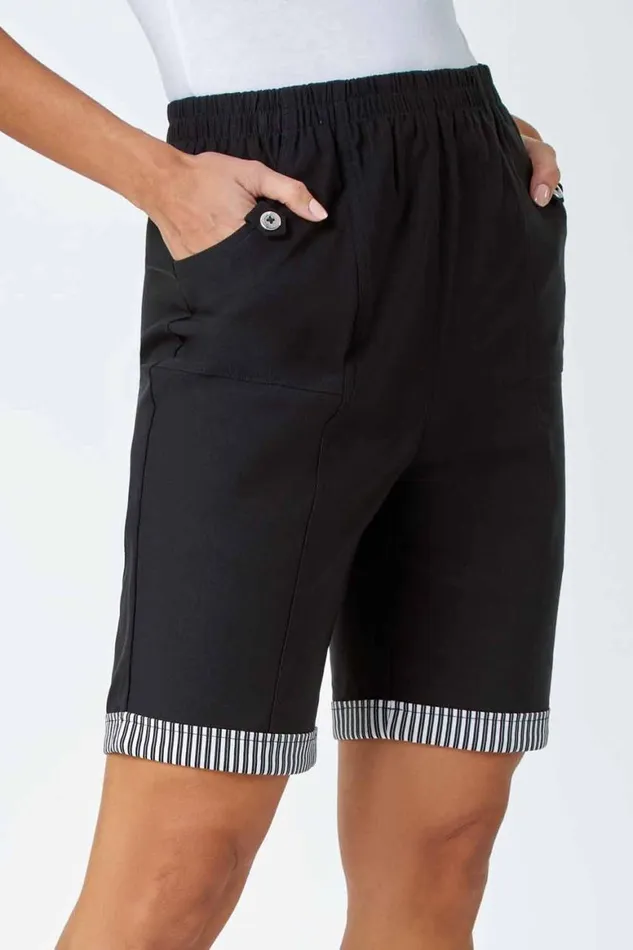 Women Black Contrast Detail Elastic Waist Stretch Shorts Roman Trousers