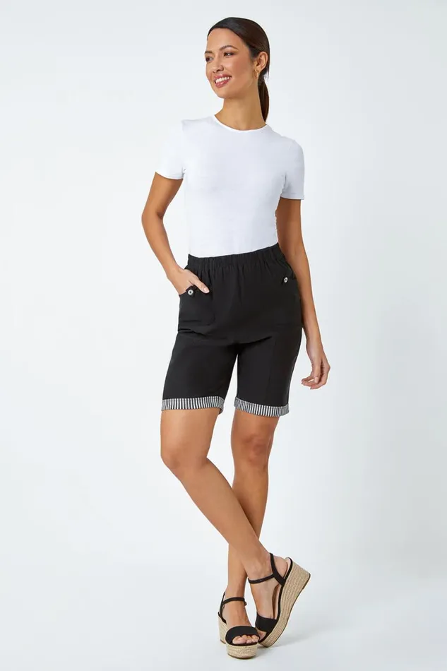 Women Black Contrast Detail Elastic Waist Stretch Shorts Roman Trousers