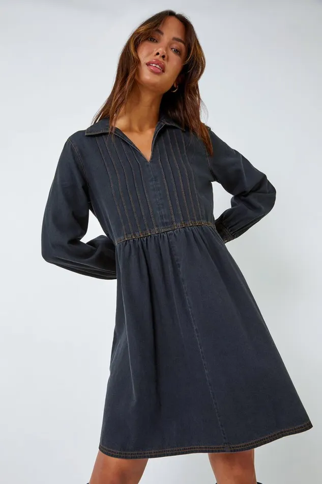 Women Black Cotton Blend Denim Shirt Dress Roman Dresses