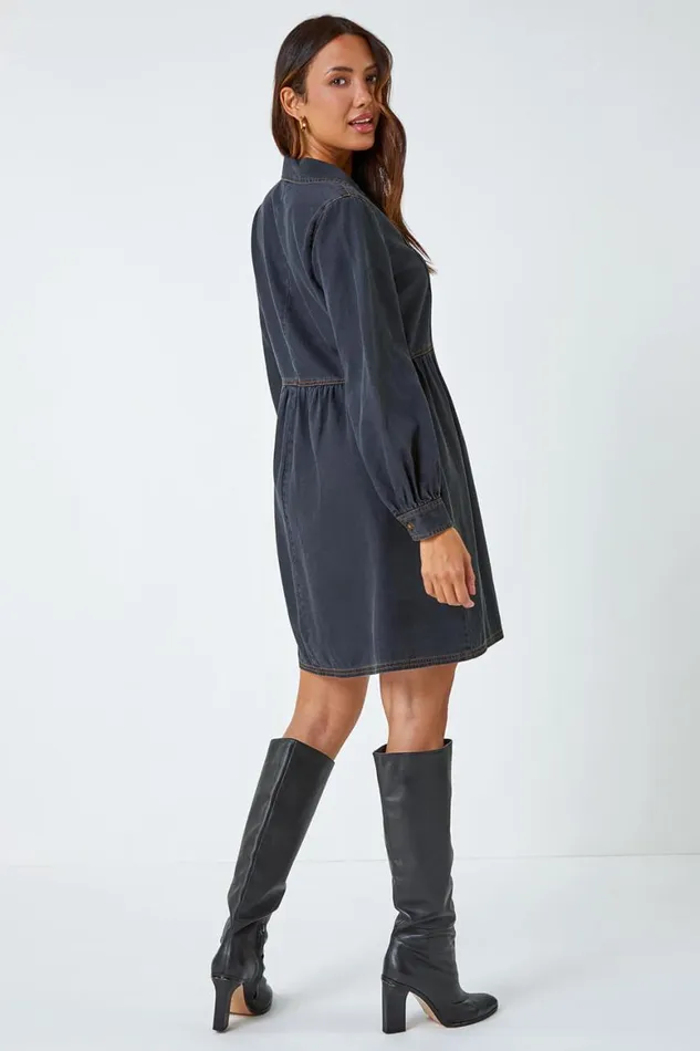 Women Black Cotton Blend Denim Shirt Dress Roman Dresses