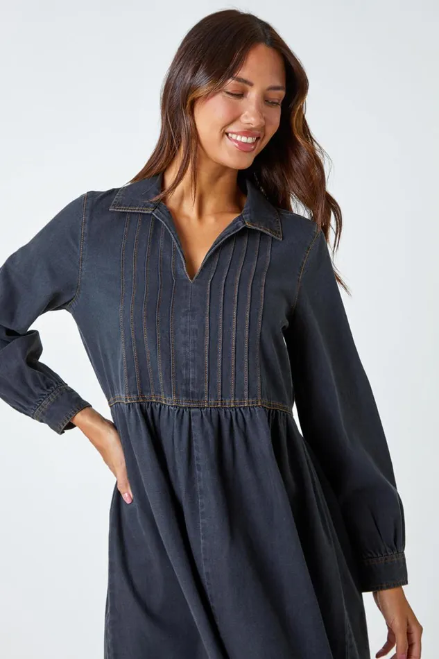 Women Black Cotton Blend Denim Shirt Dress Roman Dresses