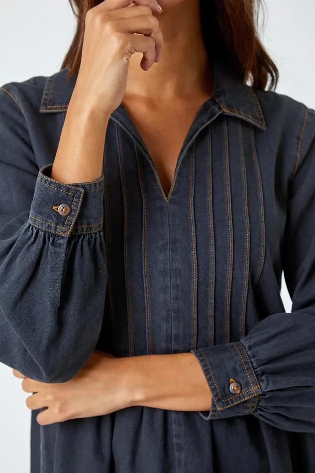 Women Black Cotton Blend Denim Shirt Dress Roman Dresses