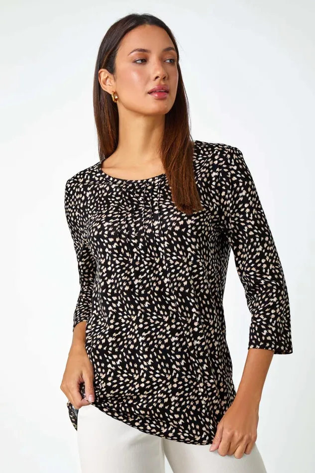 Women Black Cotton Spot Print Pleated Tunic Top Roman Tops
