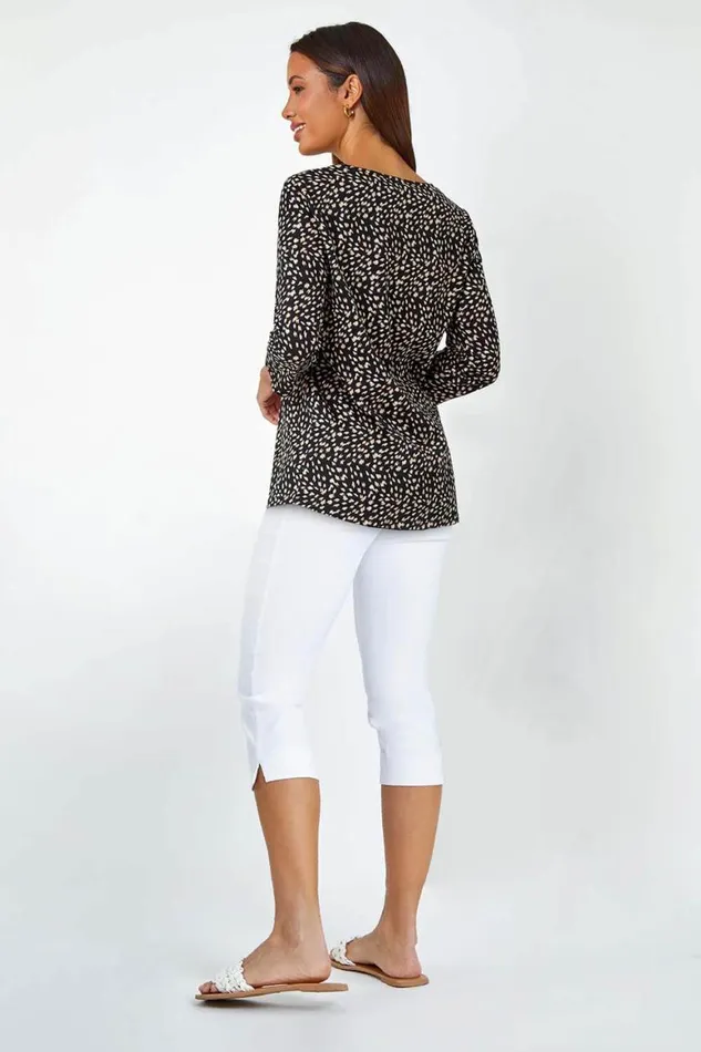 Women Black Cotton Spot Print Pleated Tunic Top Roman Tops