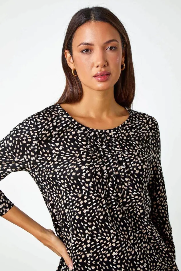 Women Black Cotton Spot Print Pleated Tunic Top Roman Tops