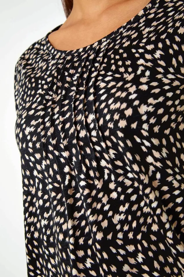Women Black Cotton Spot Print Pleated Tunic Top Roman Tops