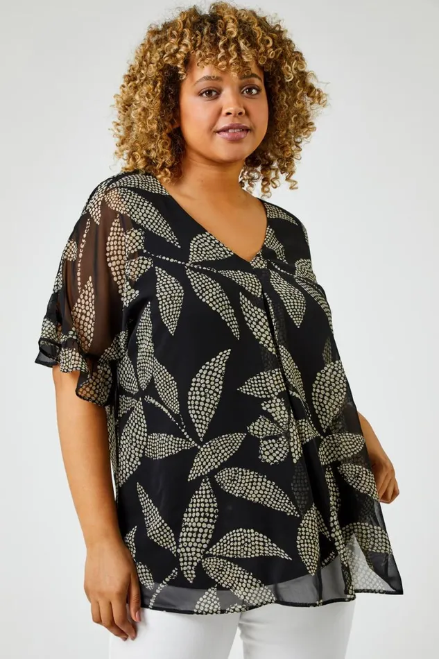 Women Black Curve Abstract Leaf Chiffon Overlay VNeck Top Roman Tops