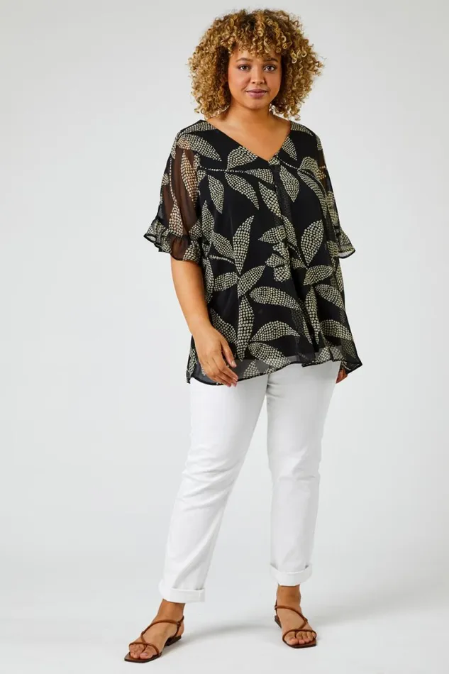 Women Black Curve Abstract Leaf Chiffon Overlay VNeck Top Roman Tops