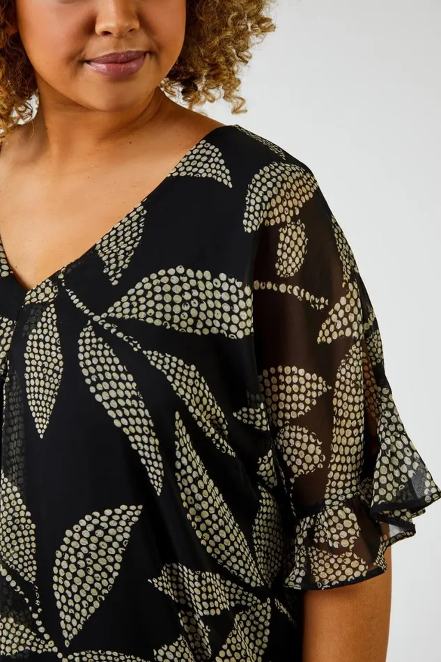 Women Black Curve Abstract Leaf Chiffon Overlay VNeck Top Roman Tops