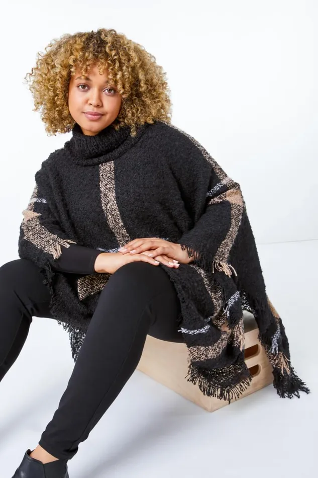 Women Black Curve Check Print Roll Neck Poncho Roman Knitwear