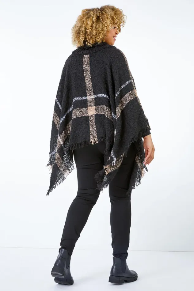 Women Black Curve Check Print Roll Neck Poncho Roman Knitwear